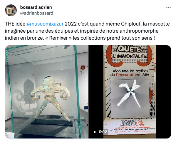 Twitter post by @adrienbossard, the director of the Asian Arts Museum in Nice. He says "THE idea at #museomixazur 2022 is Chiplouf, the mascot imagined by one of the teams and inspired by out antropomorphic bronze indian. "Remix" the collections really takes on a whole new sens!" Below on the left, an image of the metionned art piece and to the right, a video with the holographic mascot.
